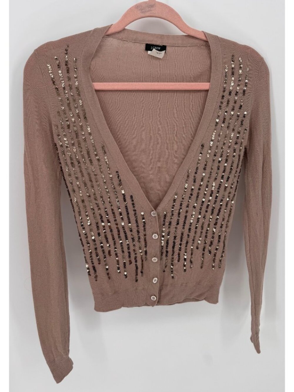 J.Crew Women's Cardigan; J.Crew Small Neutral Taupe V Neck 100% Cotton Knit Sequ